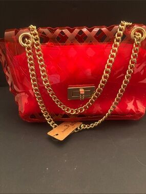 Bright Red Chain-Handle Women's Shoulder Bag with Gold Hardware